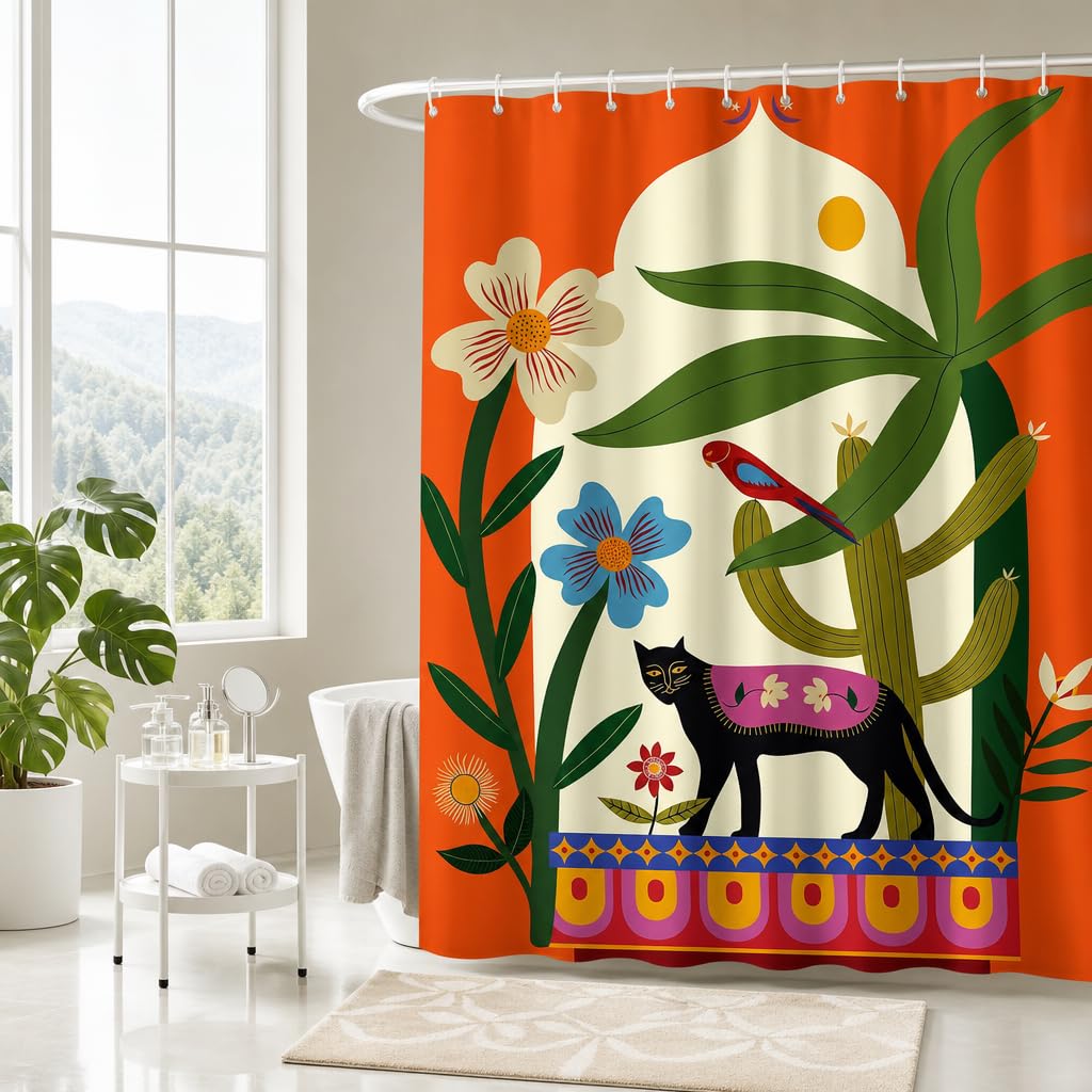 Hopomoon Orange Boho Shower Curtain,Mid-Century Modern Botanical Floral Black Cat and Bird Waterproof Polyester Bath Curtain with 12 Hooks