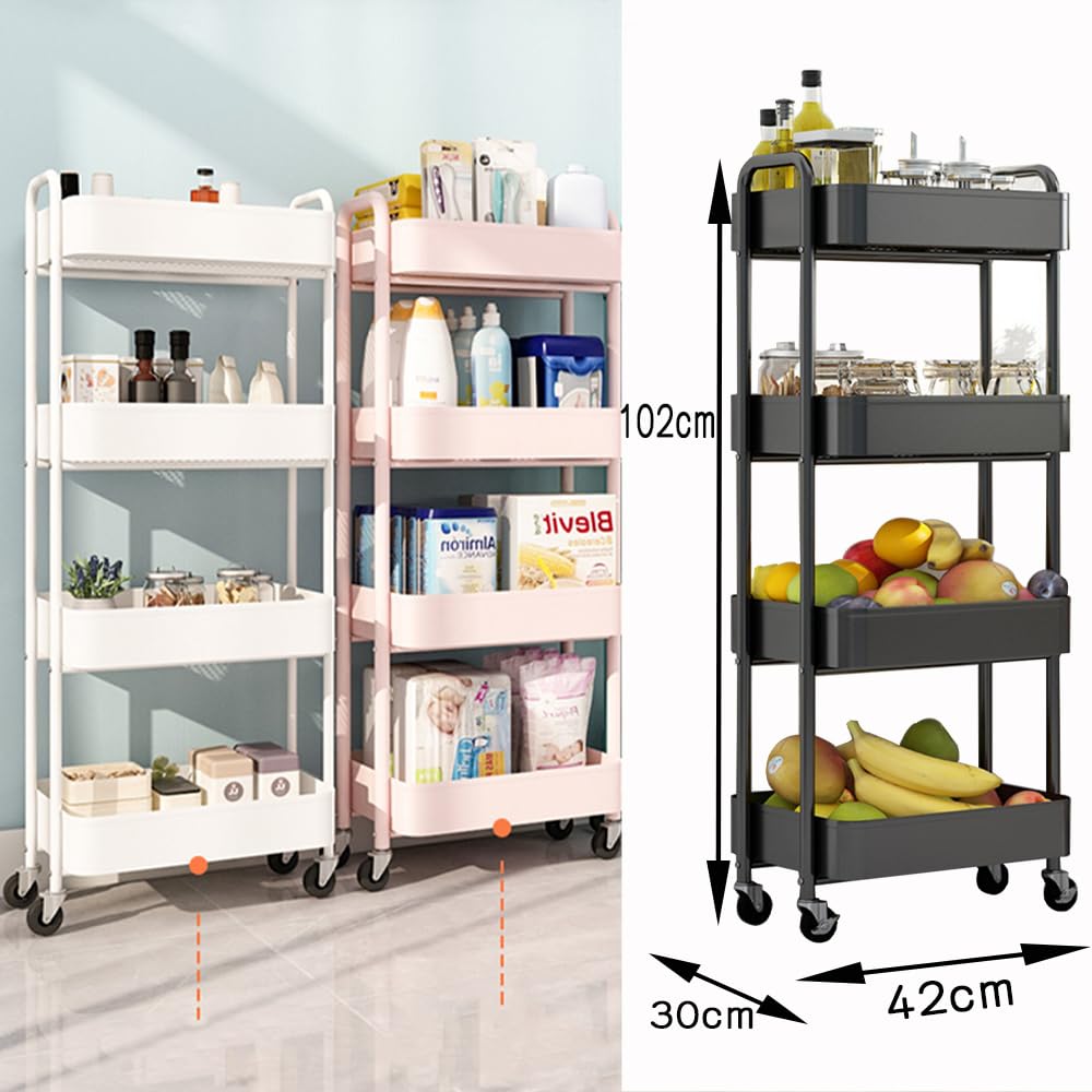 4-Tier Storage Rolling Cart Trolley Metal Mobile Shelving Organiser with 360° Swivel Wheels for Kitchen, Bedroom