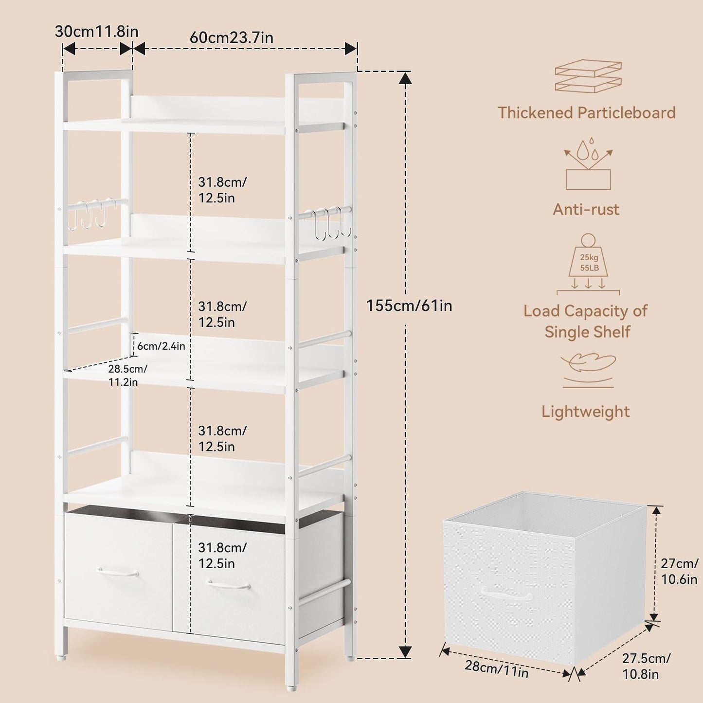 Aibiju Shelf Bookcase, 5 Tier Bookshelves With 2 Fabric Cloth Drawers, Free Standing Storage Shelving Unit for Bedroom, Living Room and Office