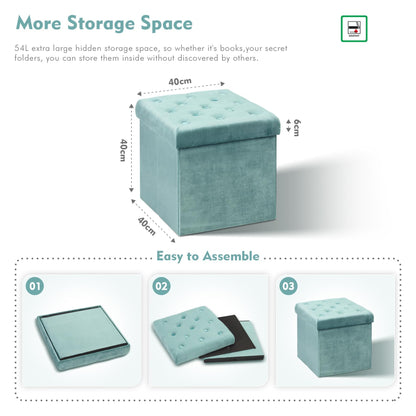 Bonlife Velvet Foldable Storage Ottoman Cube,Green Footstool with Lid,40cm