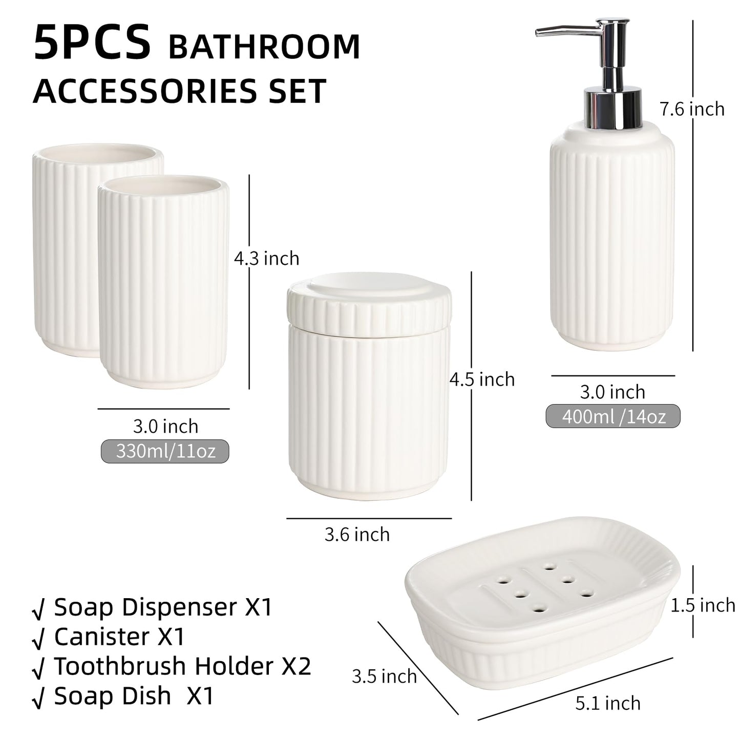 Bathroom Accessories Set 5PCS, Ceramic White Bathroom Accessory Set, Classic Design Bathroom Accessories Sets Complete