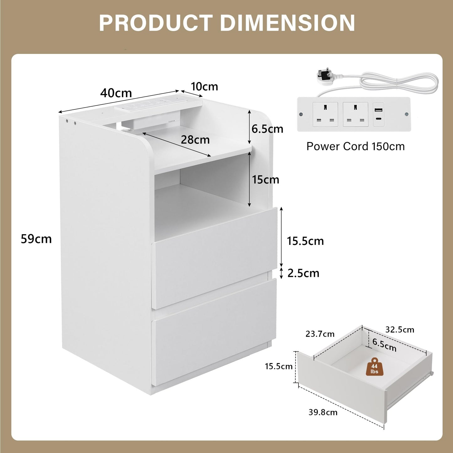 Feonase Bedside Table with Charging Station, 2-Drawer Nightstand with Outlets & USB Ports, Modern Side Table for Bedroom or Living Room, White