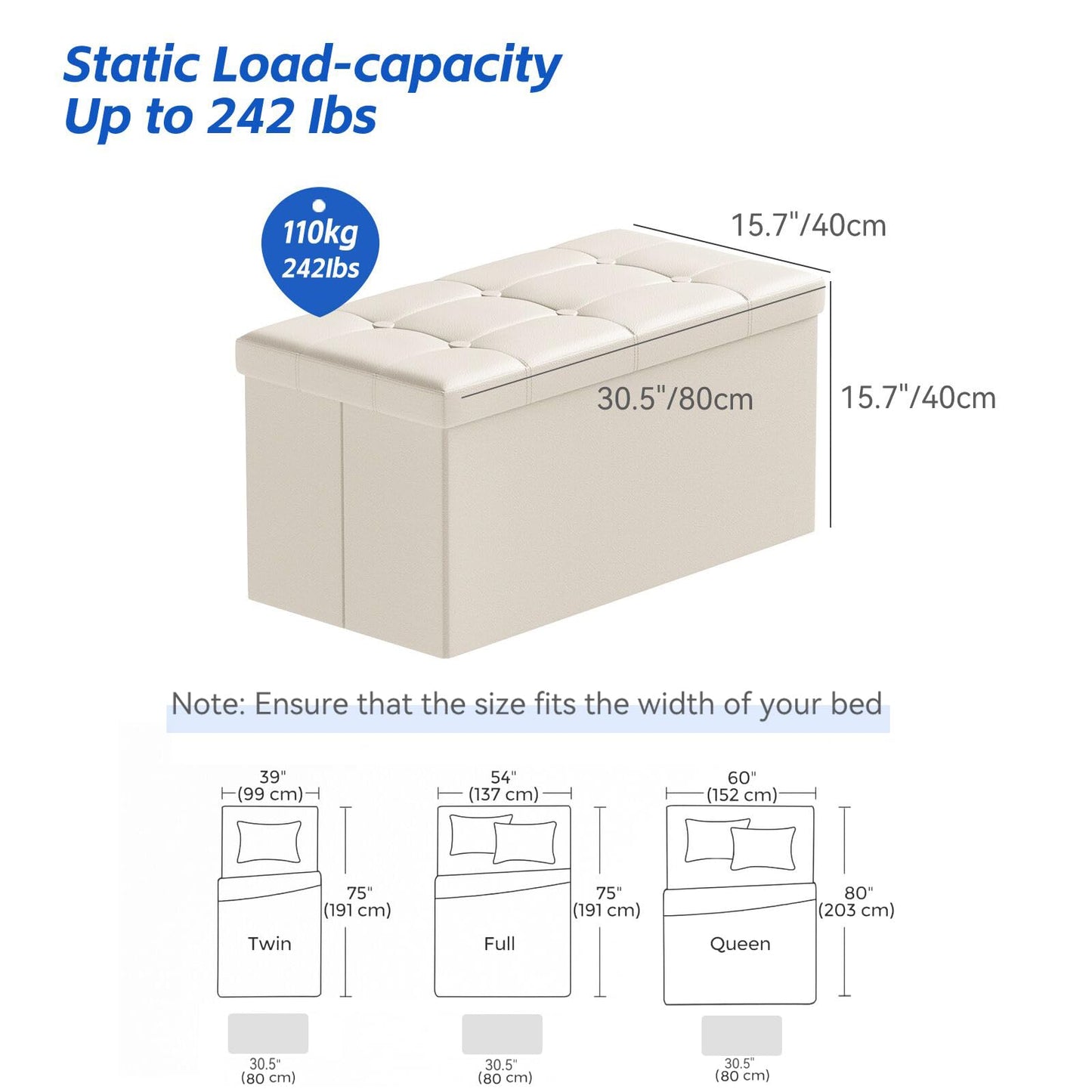 BRIAN & DANY Folding Ottoman Storage Bench with Lid, Foot Stool Faux Leather Large Storage boxes with Lid, Beige, 80 x 40 x 40 cm