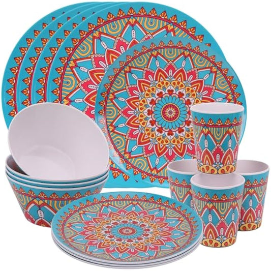 WedDecor Melamine Dinnerware Sets for 4 People for Indoor Outdoor BBQ Garden Picnic or Camping Use, Durable and Lightweight Melamine Dinner Set with Moroccan Design Plate Bowl & Cups (Set of 16Pcs)