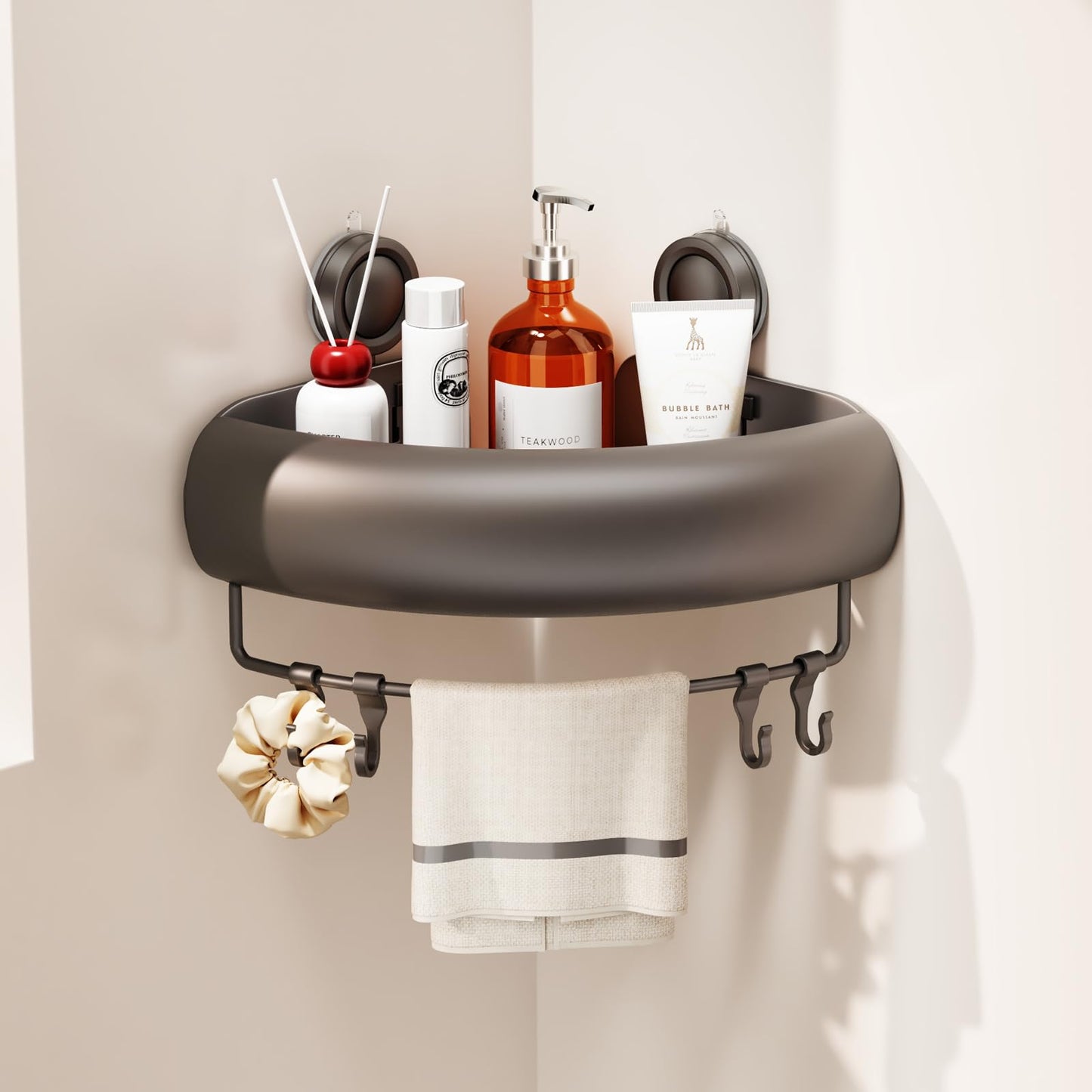 Voldra Corner Shower Caddy Suction Cup, Arc Shower Shelf Coner No Drilling Bathroom Coner Shelves Suction Shower Organiser Rack Adhesive Corner Caddy