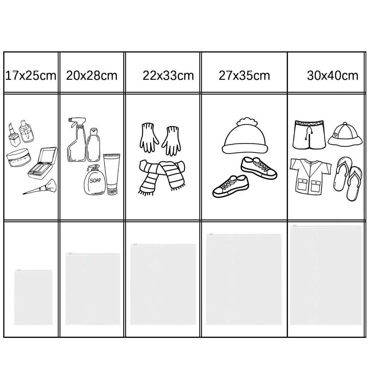 Reusable Zip Lock Bags 34pcs - 5 Size Plastic Travel Organiser Pouches, Frosted Waterproof Storage for Clothes, Shoes, Cosmetics, Suitcase