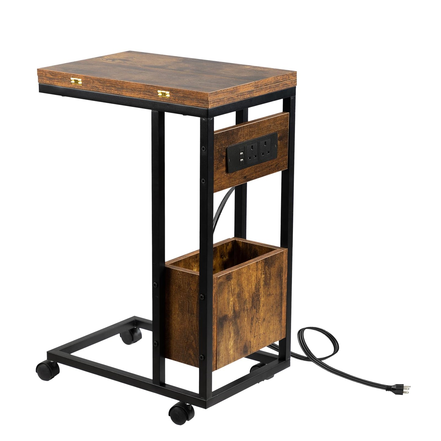 Hadulcet c shaped side table, sofa table with Charging Station & Foldable Tabletop, Laptop Table for Couch, C Table with Storage for Sofa