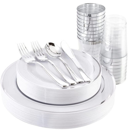 LATERN 150Pcs Multi-Use Silver Plastic Dinnerware Set, 25 x Resuable Dinner Plates, 25 x Salad Plates, 25 x Knives, 25 x Mini Forks, 25 x Spoons, 25 x