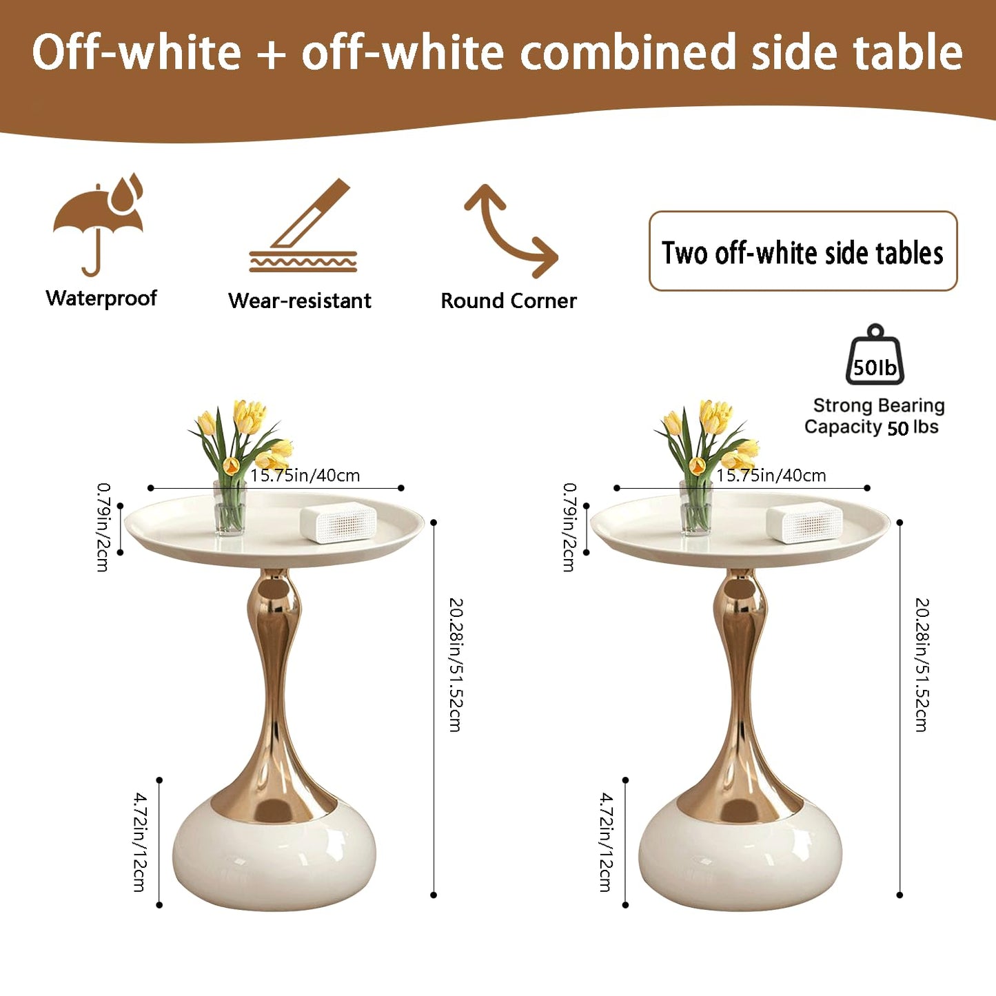 2-Pack Modern Round Side Table - White Tabletop & Gold Pedestal Base, Stylish Accent End Table for Living Room, Bedroom & Office (White Set)