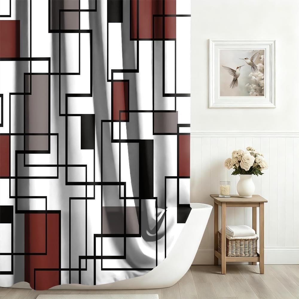 Xiaoterna Geometric Shower Curtain Abstract Red and Black Bathroom Curtain Modern Simplicity Geometric Square Waterproof Machine Washable Shower
