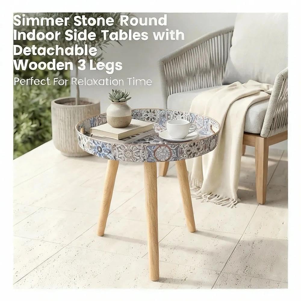 Simmer Stone Marble Round Indoor Side Tables with Detachable Wooden 3 Legs, Versatile Tray Table, Perfect For Round Coffee Table Tea