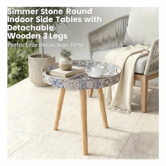 Simmer Stone Marble Round Indoor Side Tables with Detachable Wooden 3 Legs, Versatile Tray Table, Perfect For Round Coffee Table Tea