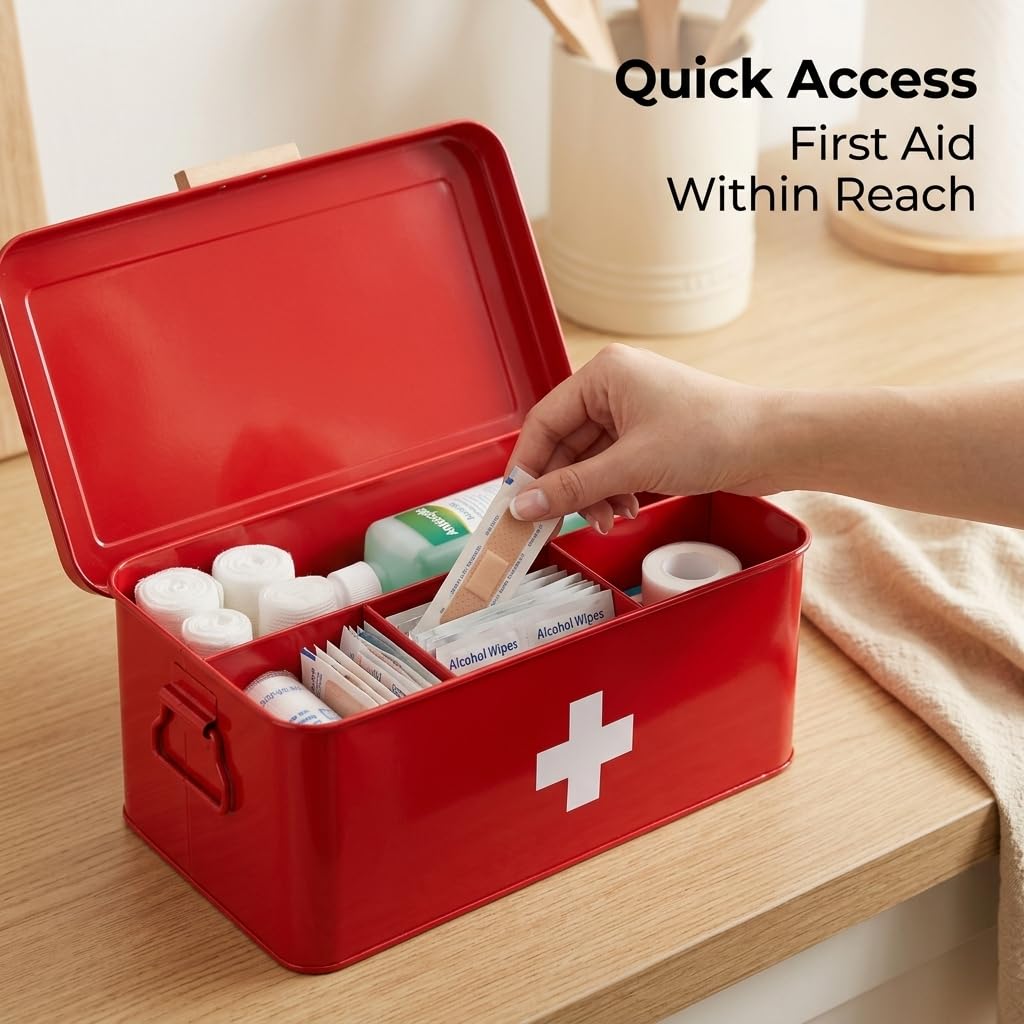 Punorric Medicine Storage Box, Metal First Aid Box with 4 Compartments, Medicine Cabinet Organiser with Handle, Medication Storage for Home, Office