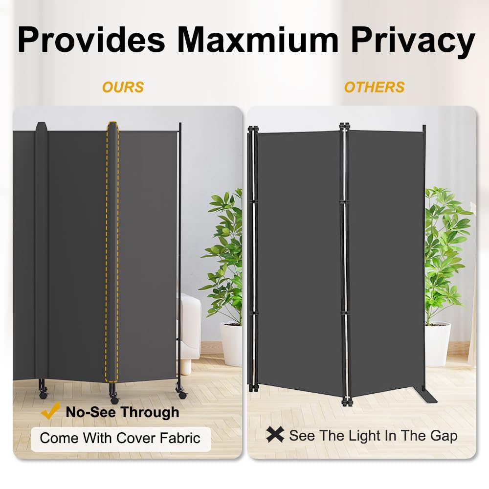HIDODO 4 Panel Room Divider Folding Privacy Screen, Freestanding Room Partition with Lockable Wheels, Portable Wall Divider for Room Separation