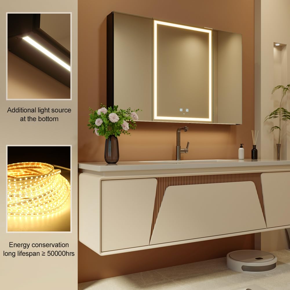 100 x 70 cm Three Doors Aluminum LED Bathroom Medicine Cabinet with Mirror