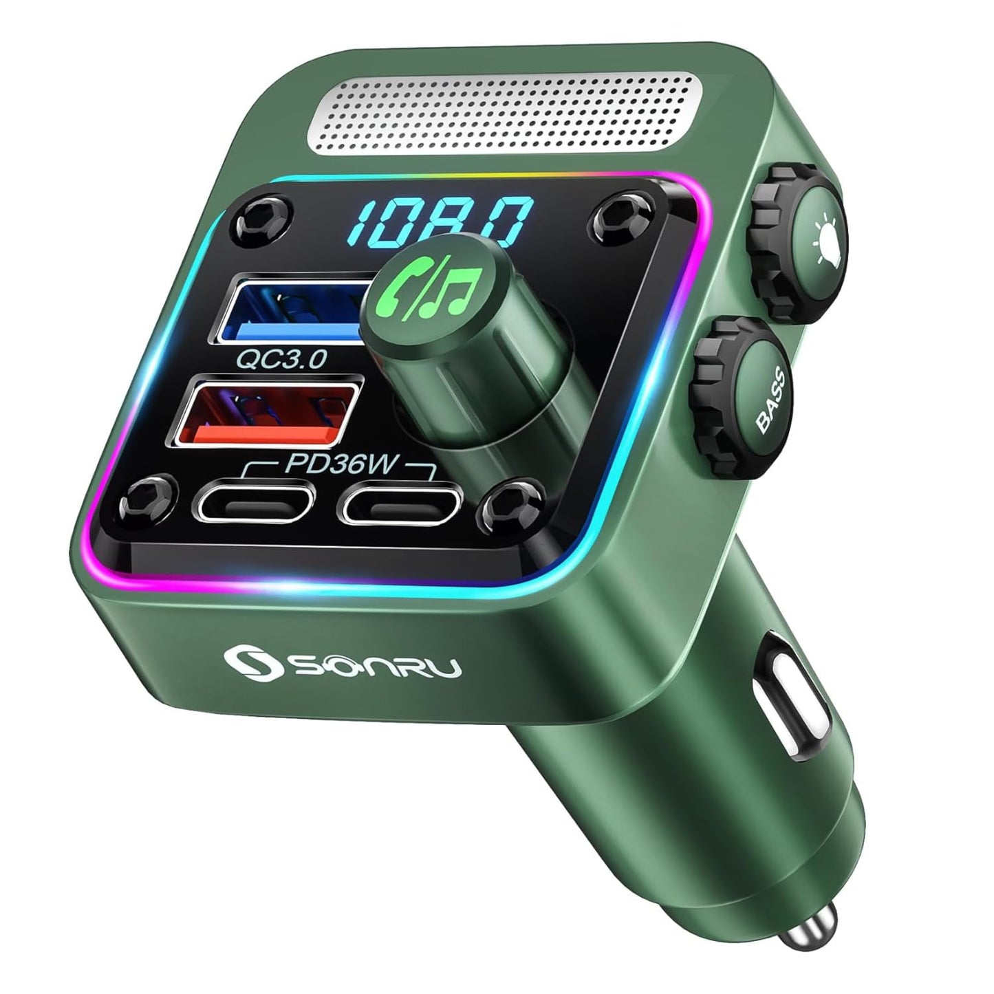 SONRU Bluetooth 5.3 Car FM Transmitter?PD 36W+QC3.0 18W??Bass Music Player?Wireless Car Radio Adapter Hands-Free Calling Support 64G U Disk Card with