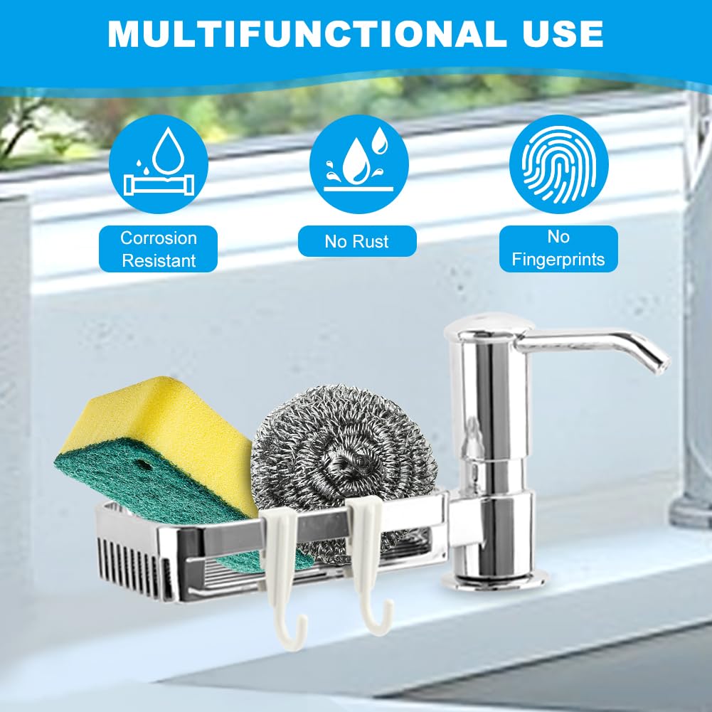 Dish Soap Dispenser for Kitchen Sink, Built in Soap Dispenser Pump with Sponge Holder,Long Mouth Outlet