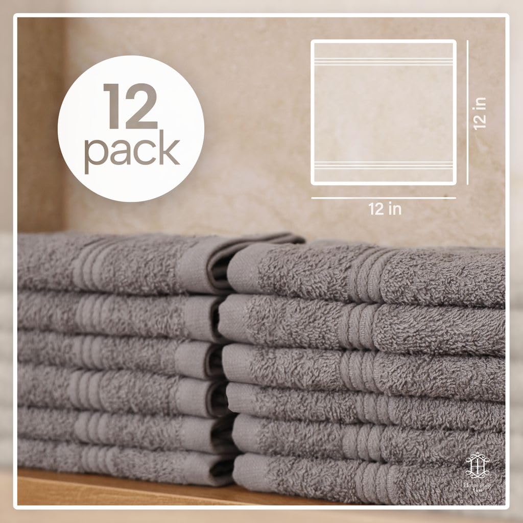 HomeBurg Luxe 12-Piece Washcloth Set - 100% Cotton, Soft & Absorbent, Easy Care, Premium Towels for Face & Daily Use, 30 x 30 cm, Stone Grey