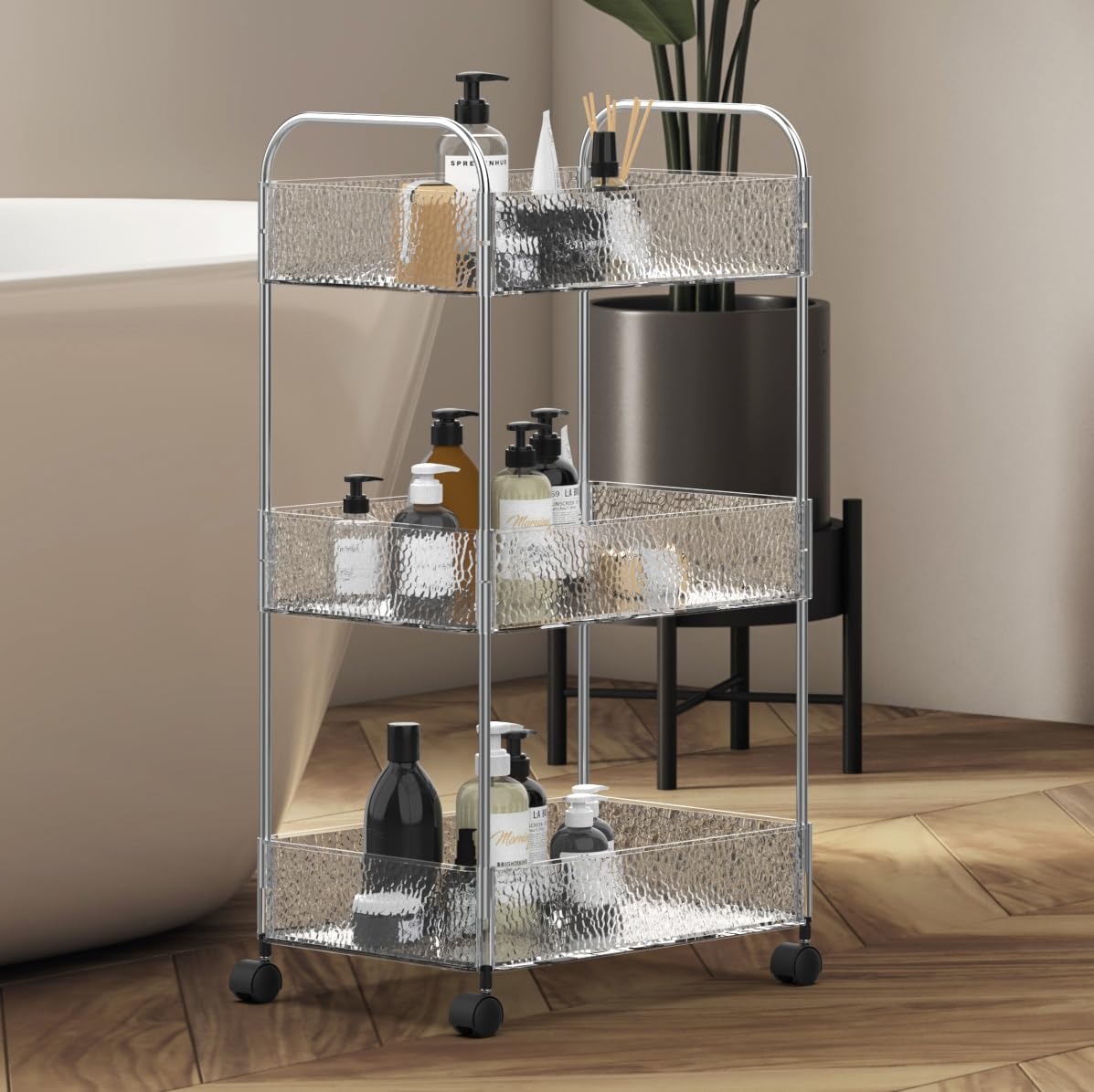CraftGenes 3-Tier Slim Storage Trolley on Wheels, 36x20x71cm Bathroom Storage Cart with Lockable Wheels