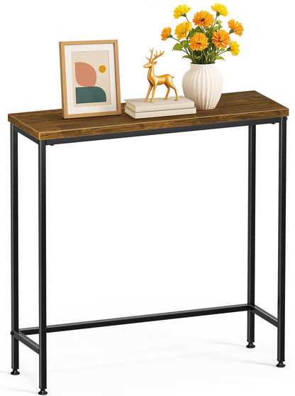 VOUNOT® Slim Console Table, Metal Frame Entryway Table, Small Sofa Side Table for Hallway, Living Room or Bedroom, 75x24x75 cm, Brown