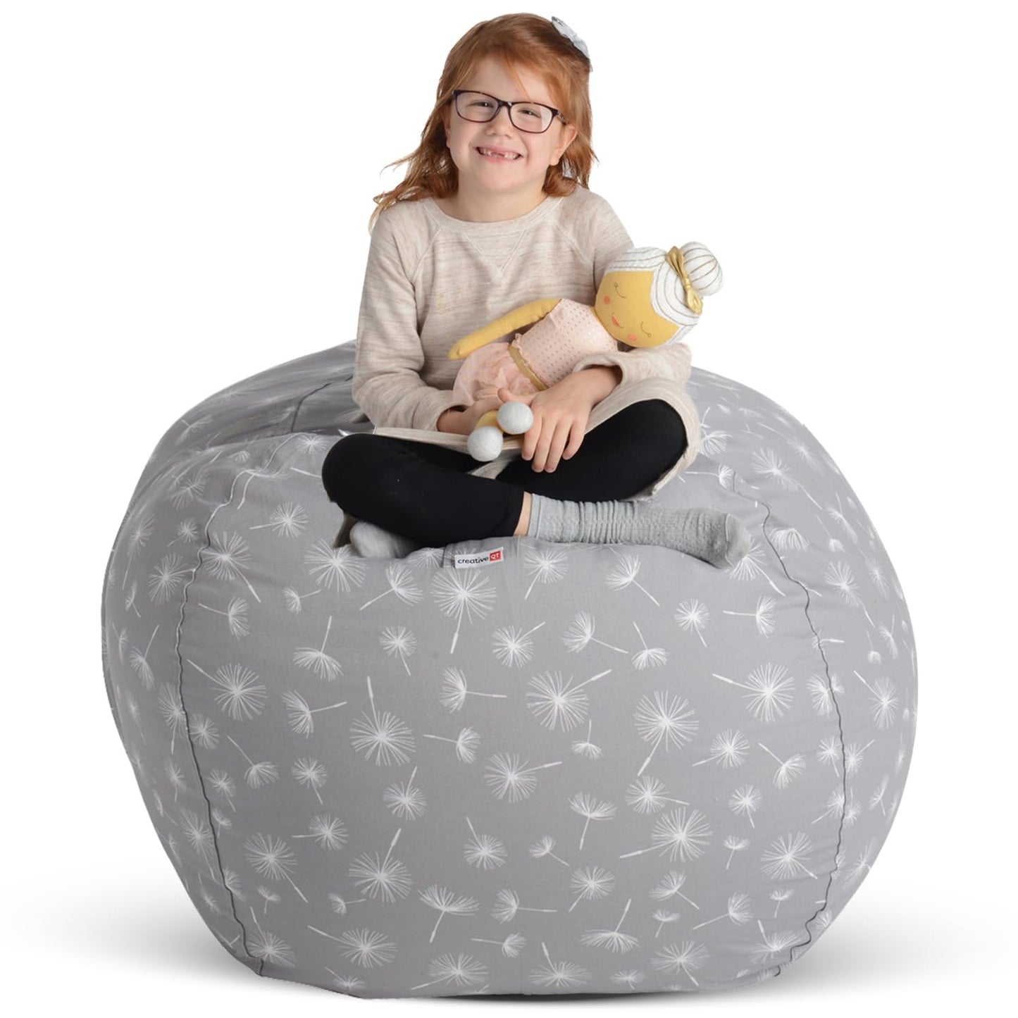 Creative QT Stuff ’n Sit Extra Large 38’’ Bean Bag Storage Cover for Stuffed Animals & Toys – Gray Dandelion Print – Toddler & Kids’ Rooms Organizer