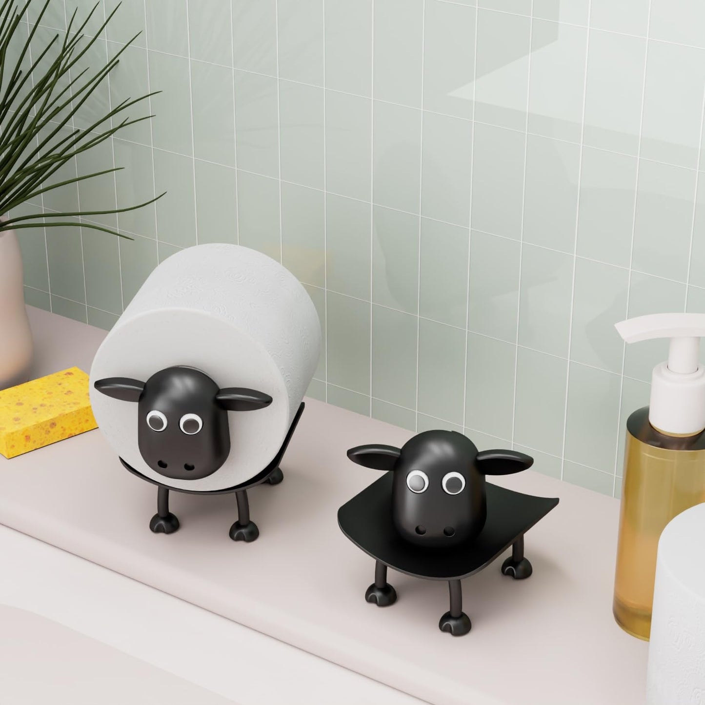 6-Pack Sheep Toilet Roll Holder - Funny Toilet Paper Holder Free Standing Bathroom Set - 3D Printed Black Sheep Loo Roll Holder