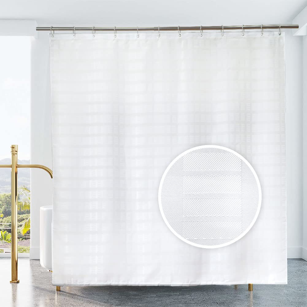 YISURE Extra Wide Shower Curtain 240cm Wide, White Jacquard Waterproof Fabric Shower Curtain with Plastic Hooks for Bathroom Tub, 94.5" W x71 L