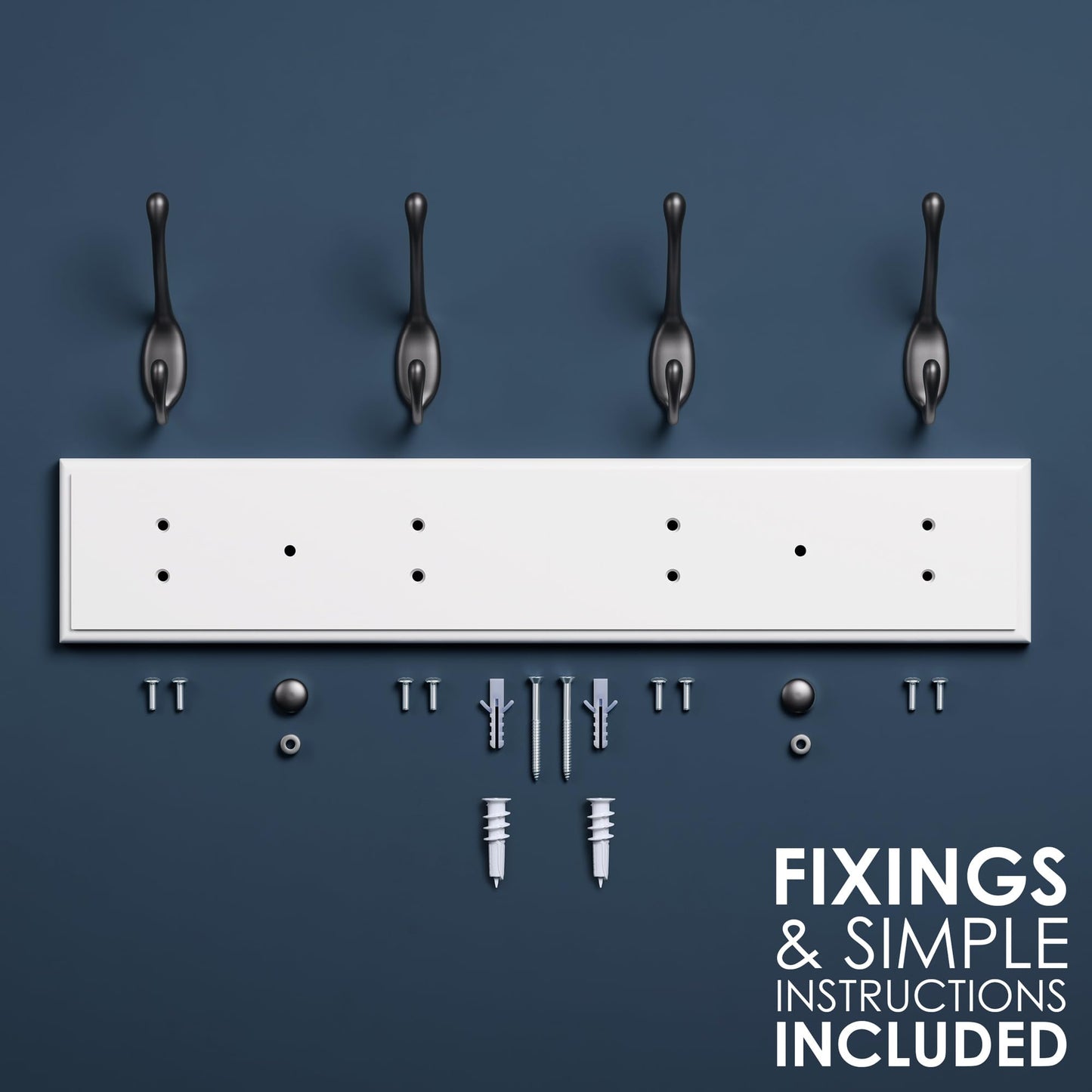 LARHN White Wall-Mounted Coat Rack - 4 Black Coat Hooks, 42cm