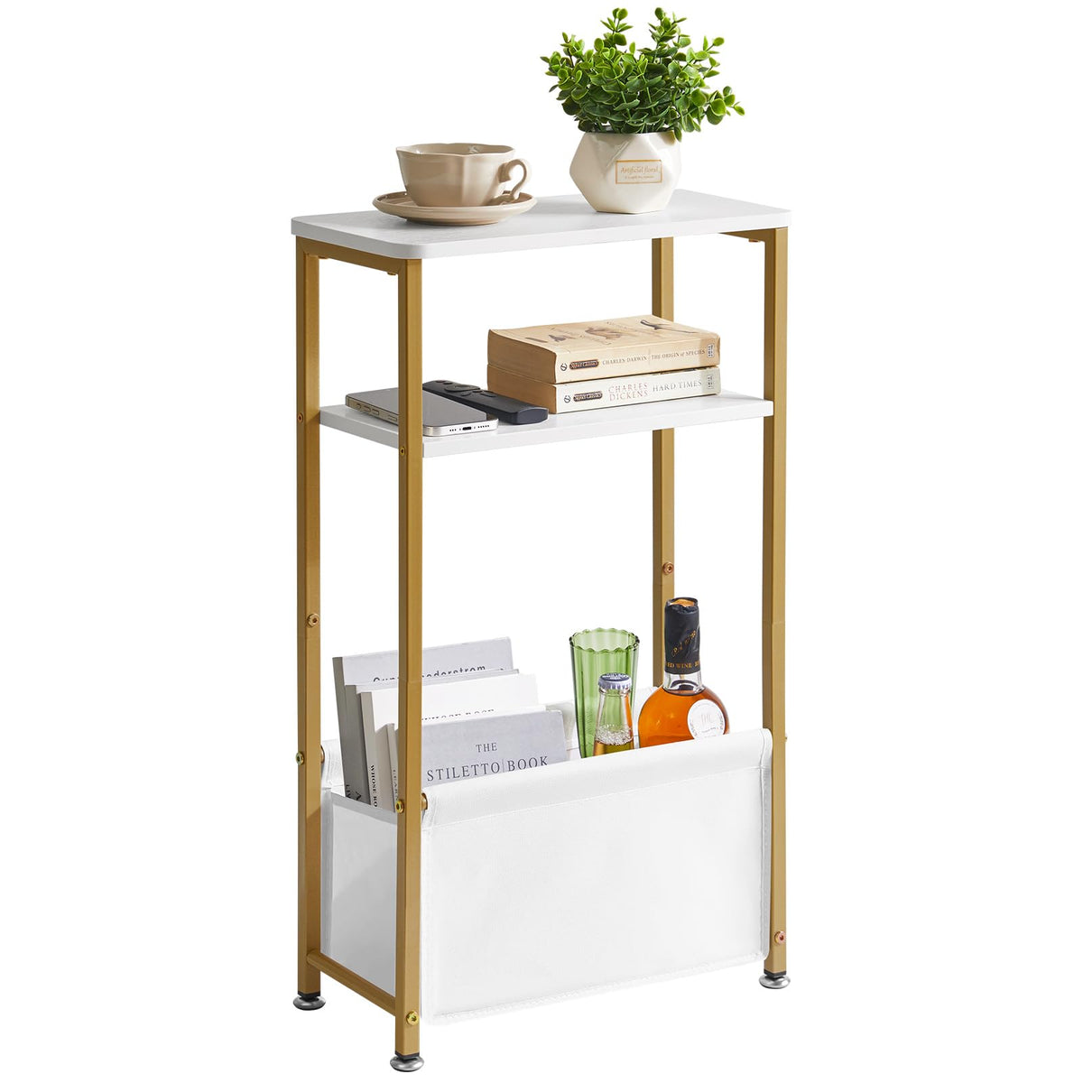 Aibiju Narrow Side Table, Slim Side Table with Storage Fabric Basket, Bedside Table for Small Space, 40x20x66cm, Small Nightstand for Living Room