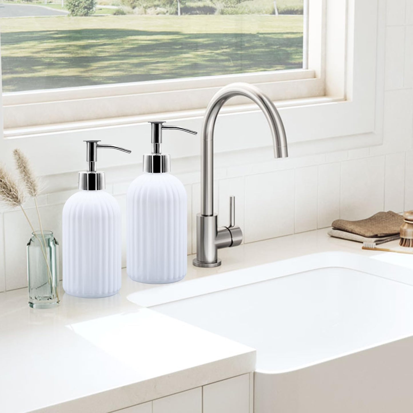 2 Pack Glass Soap Dispenser Bottle with Pump, 14 Oz Refillable Liquid Hand Jar Dispenser for Bathroom, Countertop, Kitchen, Laundry Room (White)