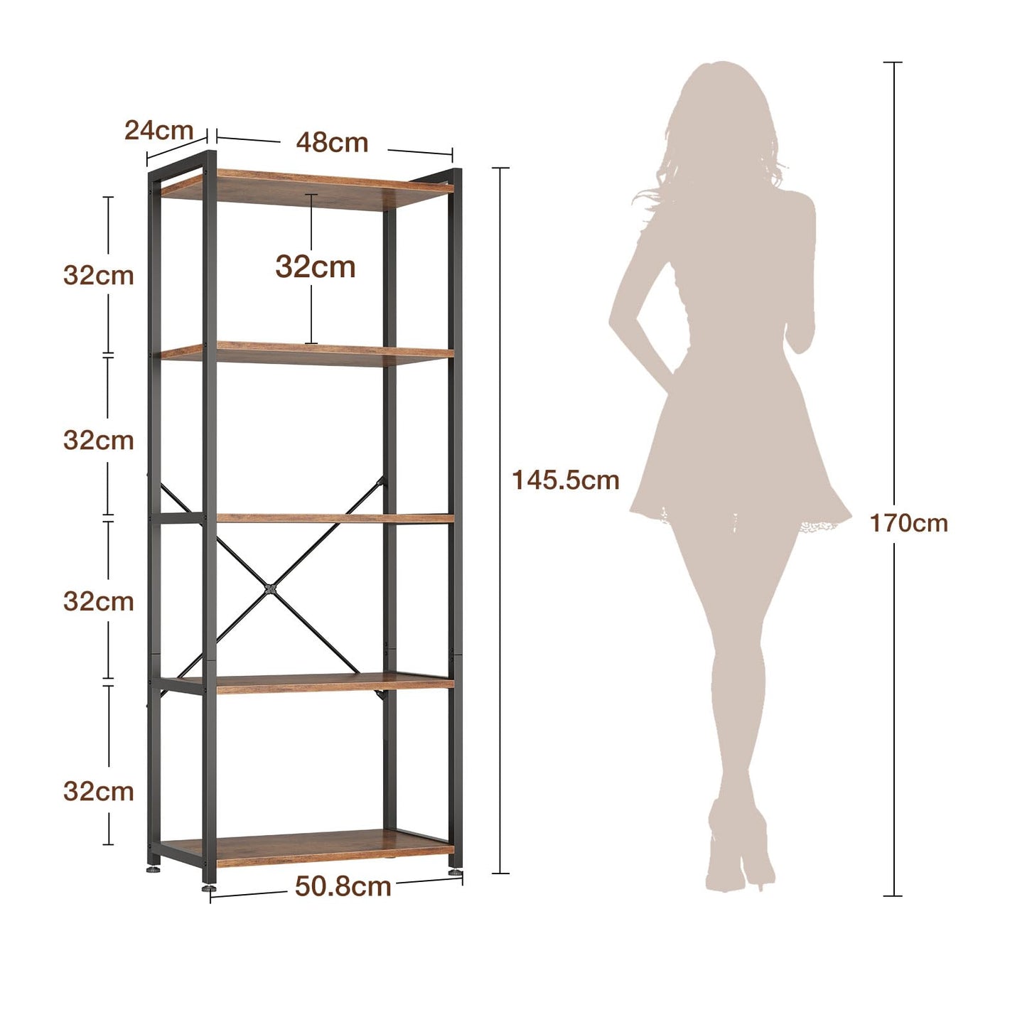 Coleshome 5-Tier Book Shelf Display Rustic Brown Industrial Bookcase