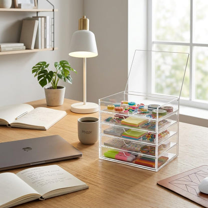 OSCO Clear Acrylic 5 Drawer Chest with Flip-Up Lid, Compact Storage Box for Makeup, Jewellery and Office Supplies, High-Grade Construction