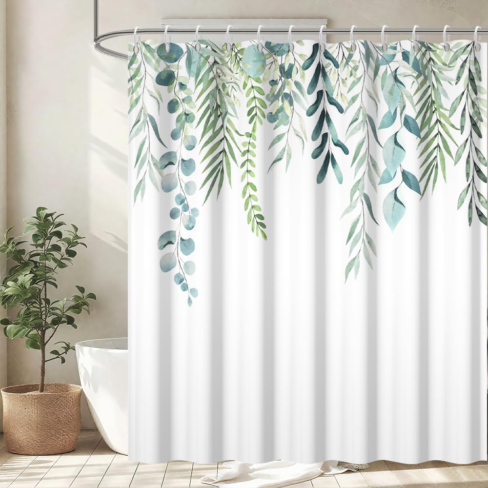 Uiiooazy Sage Green Shower Curtain, Green Eucalyptus Leaves Bath Curtain Mildew and Mould Resistant Polyester Fabric Washable Opaque Shower Curtain