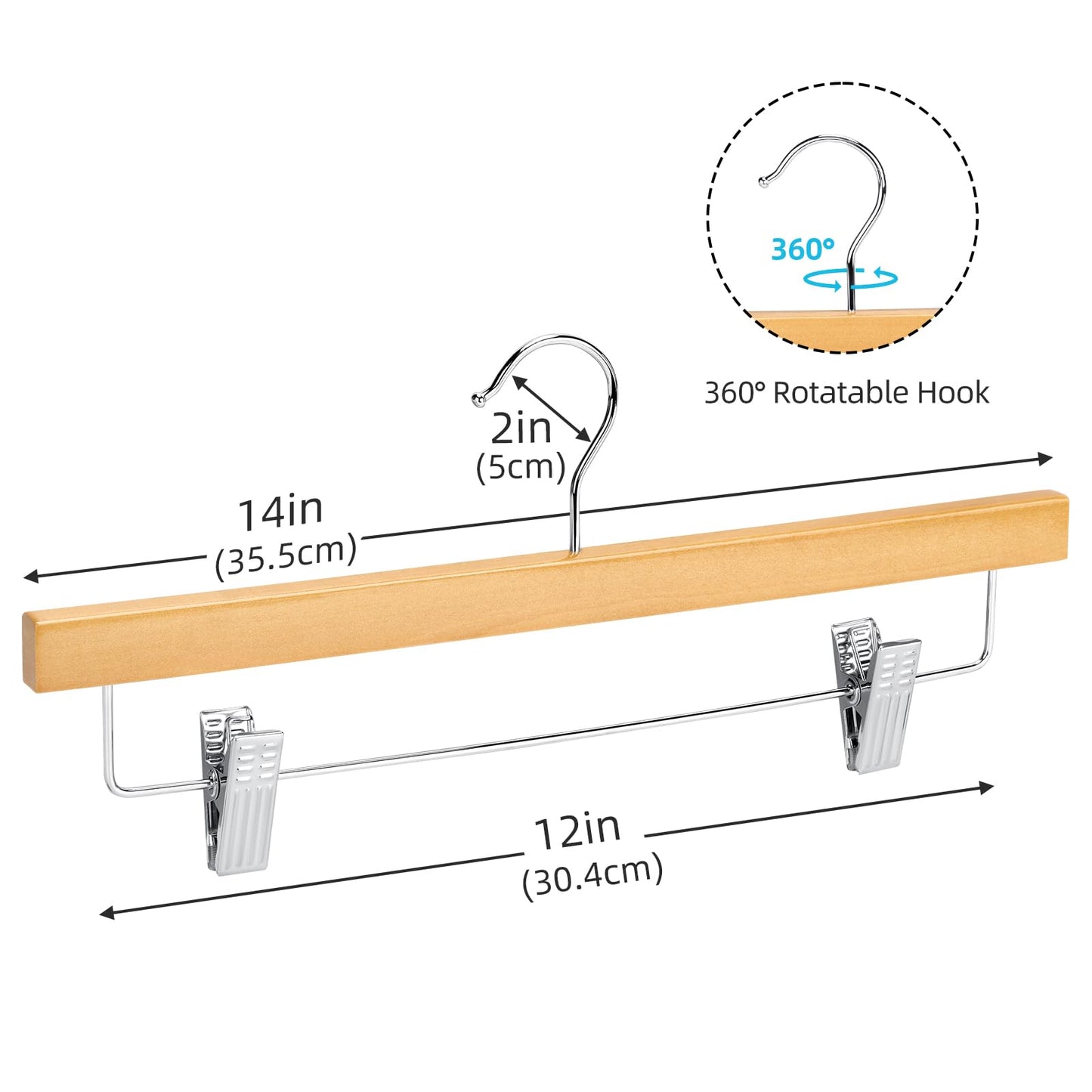 20pcs Wooden Trouser Hangers, 35cm Natural Skirt Coat Hangers with Clips