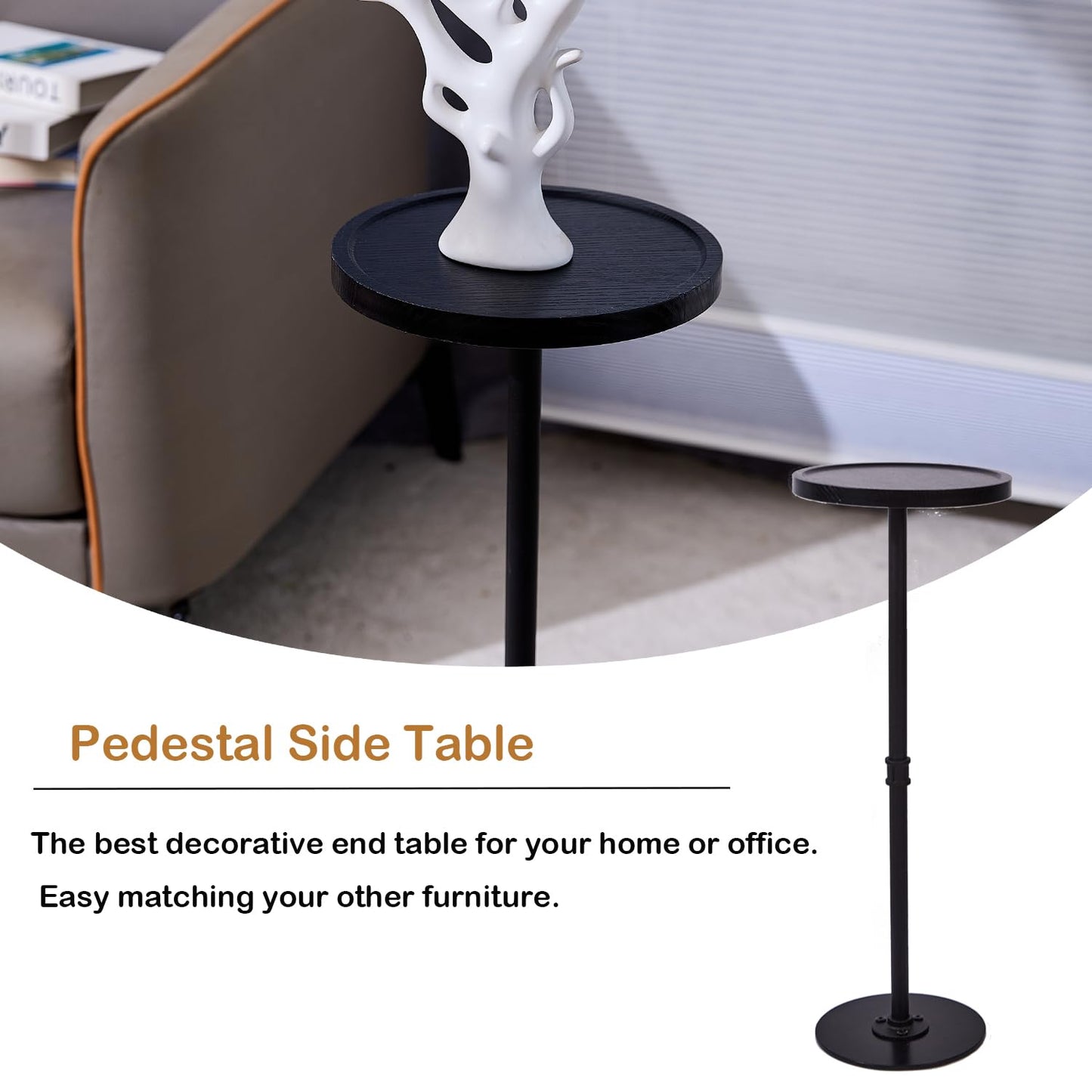 Benhurb Round Side Table Black Small Coffee Tables with Metal Base Sofa End Table Modern Corner Drink Table for Small Spaces Living Room Bedroom