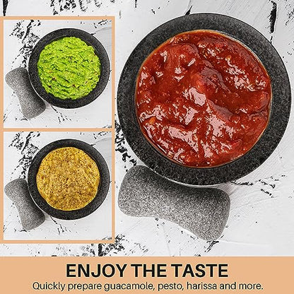 Tortillada – 16 cm Mortar and Pestle Set Large Made of Natural Granite with Anti-Scratch Wood Base Granite Spice Herb Grinder Pill Crusher with 50 Recipes, Black