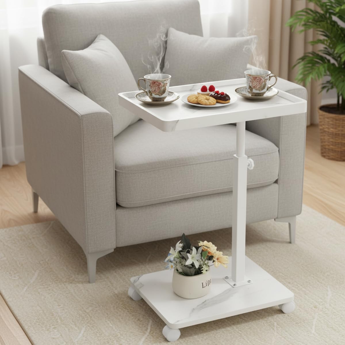 XUDREZ Adjustable Side Table, C Shaped Small Table with 4 Wheels 364° Swivel Tray, End Table for Living Room Bedroom Sofa Small Spaces