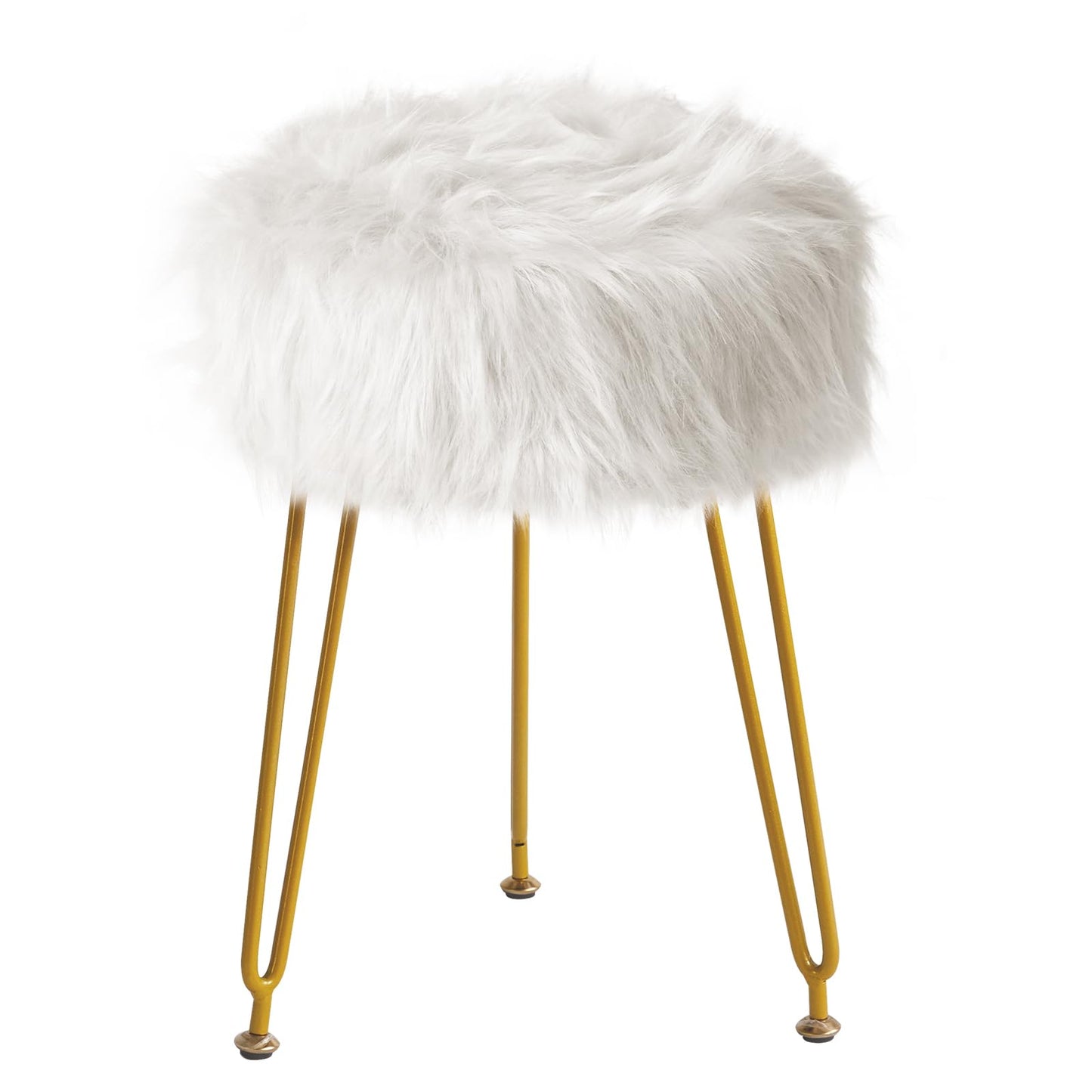 IBUYKE Faux Fur Vanity Chair, Furry Makeup Stool Ottoman, White L/G-32W