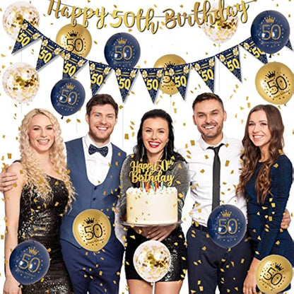 50th Birthday Decorations Men Blue Gold Happy 50th Birthday Banner, 50th Birthday Balloons, Navy Blue Gold Latex Balloons Party Decorations Confetti Balloons for Men 50 Birthday Party Supplies