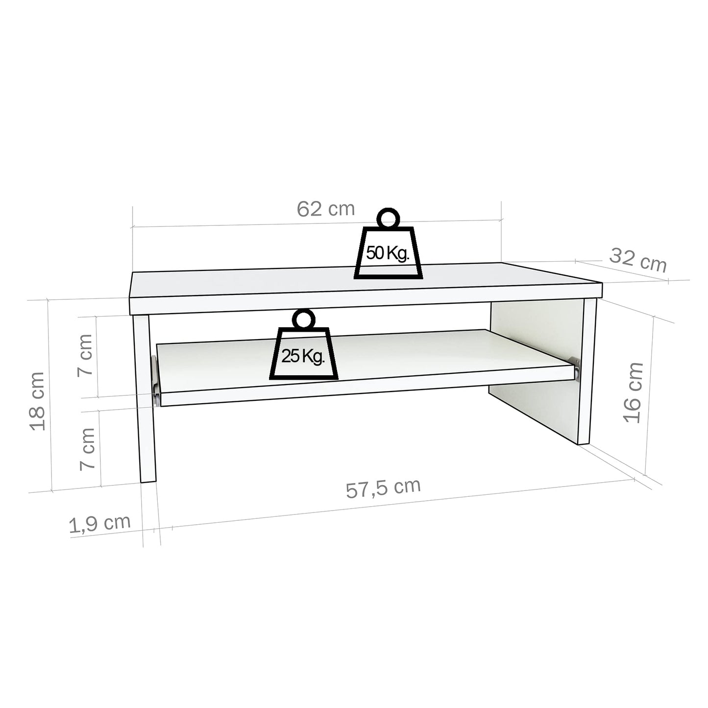 Henor Stand Monitor Riser Wooden Screen with Removable Tray 62 x 32 x 18 cm. Supports 50 kg. White.