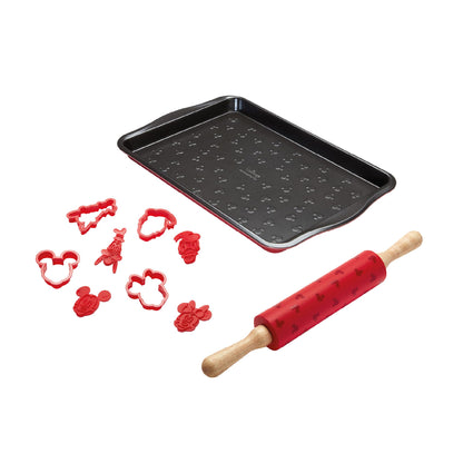 Prestige New Disney Bake with Mickey Mouse Bakeware Set with Non Stick Oven Tray 10" x 15", Cookie Cutter Set of 4 and Silicone Rolling Pin 45cm, Red"