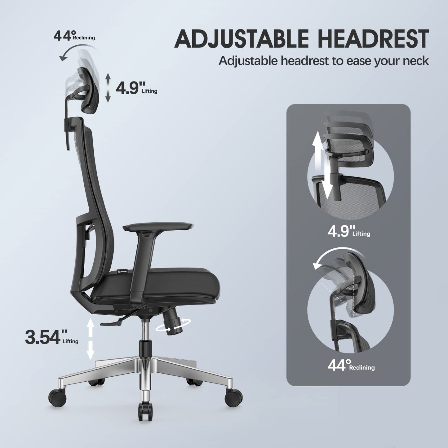 Duwinson Ergonomic Mesh Home Office Chair With Back Support, 3-Way Adjustment Armrest, Executive Desk Chair with Reclining Adjustment