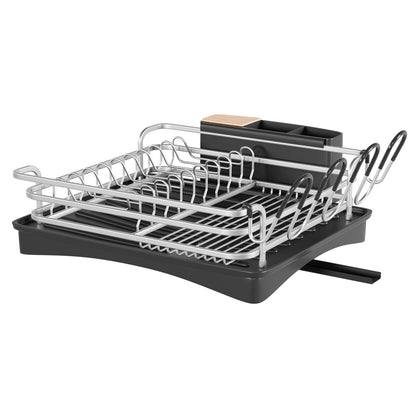 BRIAN & DANY Aluminum Dish Drying Rack, Dish Drainer with Removable Cutlery Holder & Cup Holder, Unique 360 Swivel Spout Drain Board, Silver, 41.9x