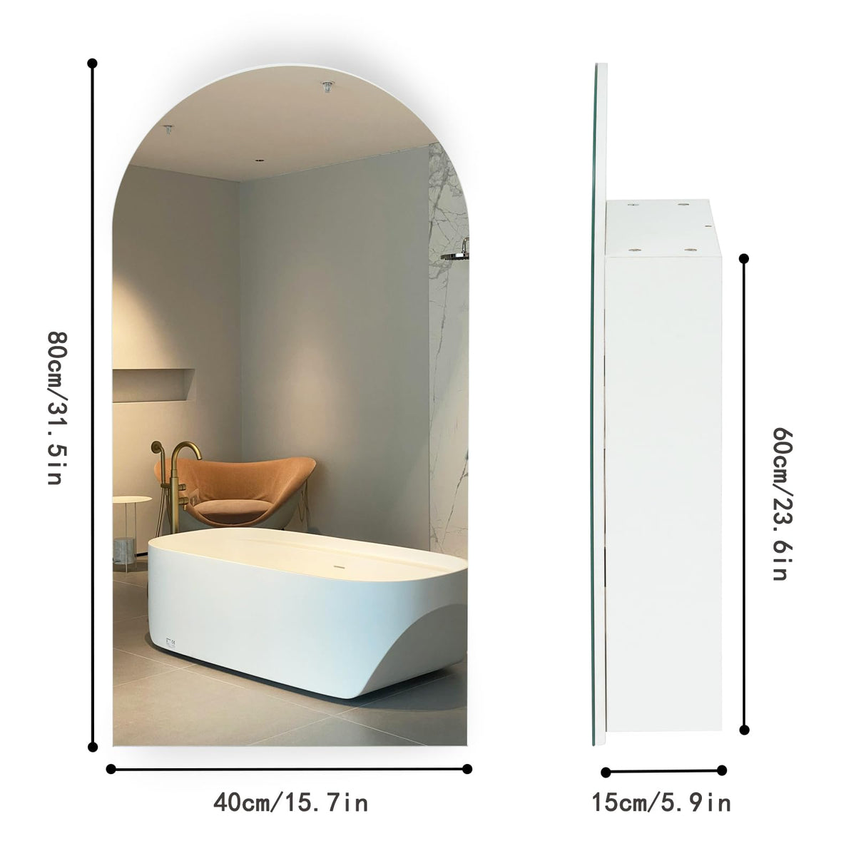 Ymahizax Bathroom Mirror Cabinet, Mirrored Bathroom Storage, Wooden Single Door Wall Mounted Cabinet with HD Arched Mirror, 80x40x15cm