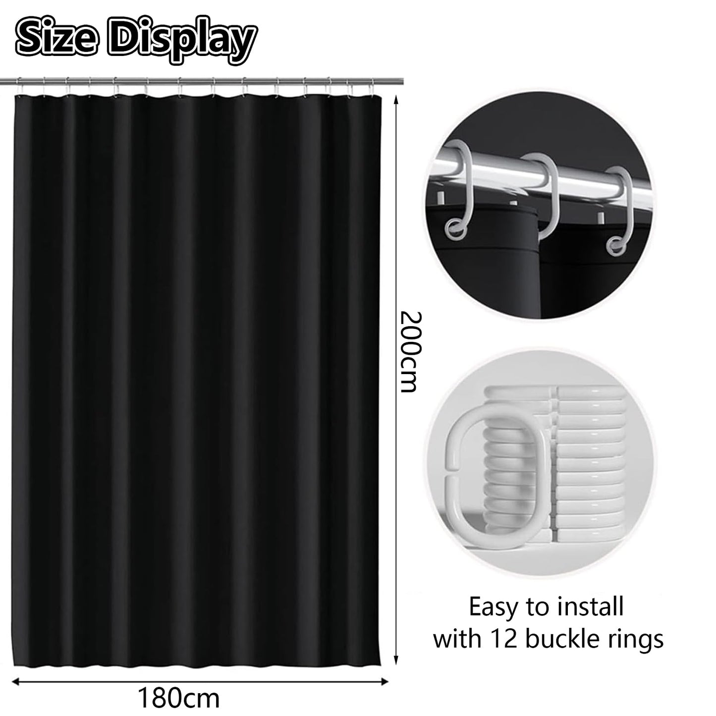 June tech Shower Curtain Mould Proof Mildew Resistant, Waterproof PEVA Black Bathroom Curtain Set With 12 Pcs Hooks