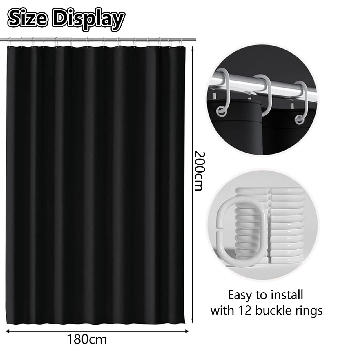 June tech Shower Curtain Mould Proof Mildew Resistant, Waterproof PEVA Black Bathroom Curtain Set With 12 Pcs Hooks