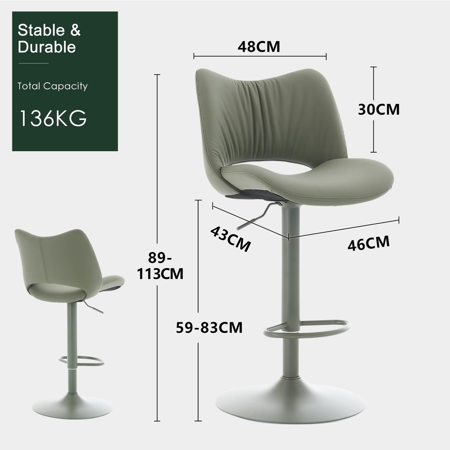 YOUNUOKE Bar Stools Set of 2, Adjustable Breakfast Bar Stools, All Green