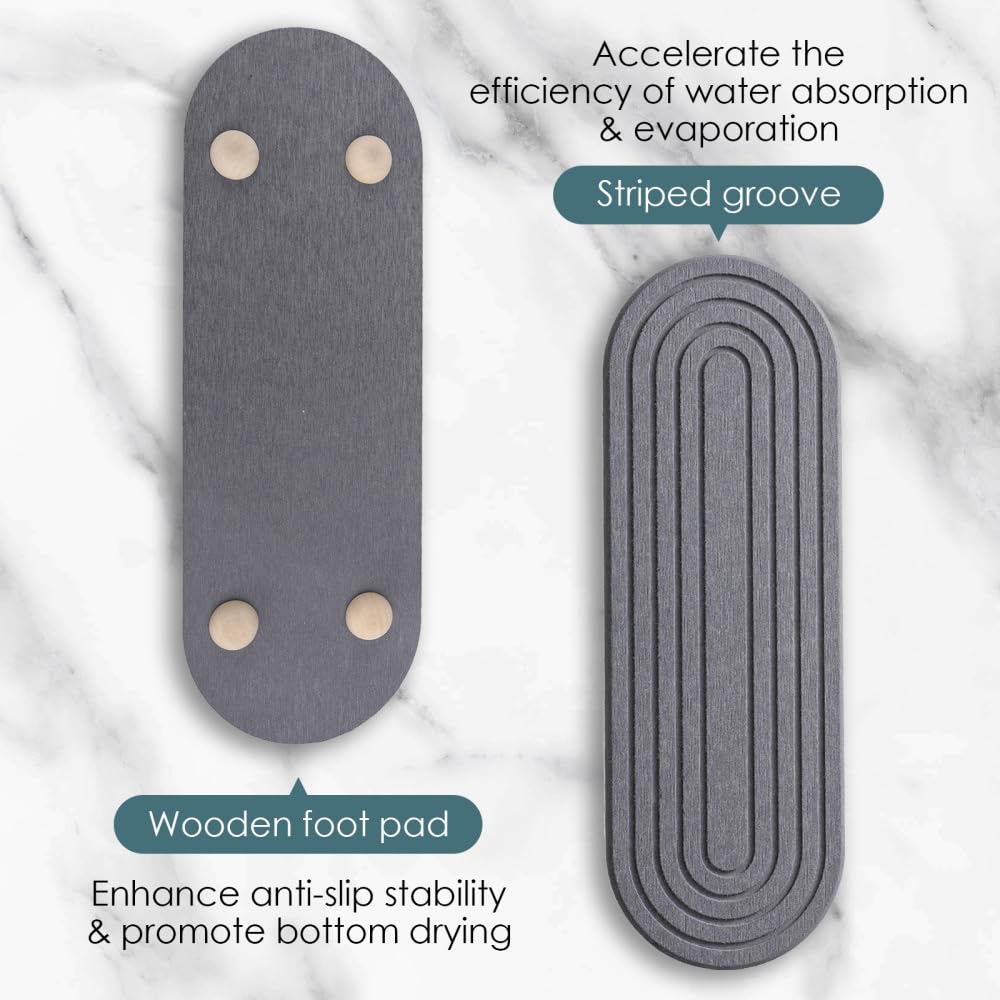Sink Caddy Organizer, Quick Drying Diatomaceous Tray Water Absorbing Sponge Holder with 4 Wood Foot Pads for Bathroom Kitchen Countertop