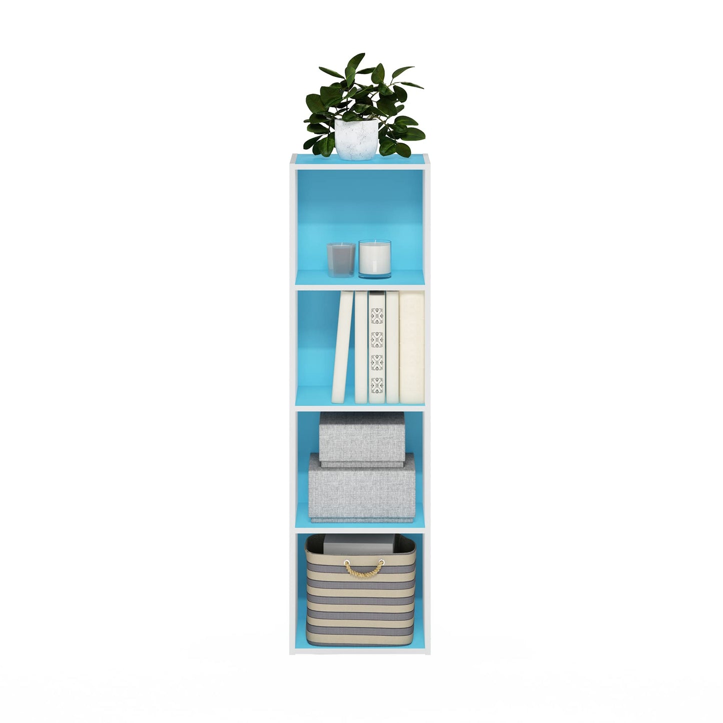 Furinno PASIR Book Shelf, 4-Tier Modern Bookshelf, Open Shelves Bookcase 9 x 12 x 42, for Living Room, Bedroom, Home Office, Light Blue/White