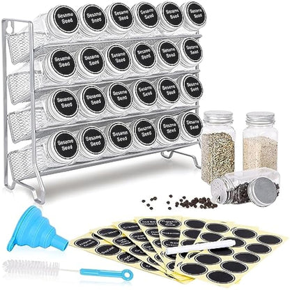 Mutool 4 Tier Spice rack Free standing Metal Kitchen Shelf,Plastic Spice Bottle Jars Storage Tidy Condiment holder for Countertop Cabinet, with 24 Spice jars,80 labels,1 pen,1 funnel(Silver grey)